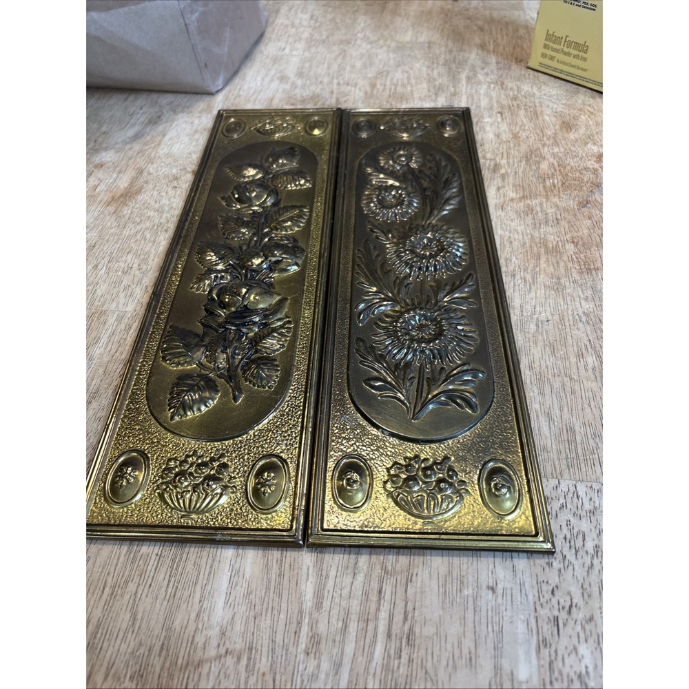 2 - Vtg MCM Brass Tin Gold Repousse Embossed Floral Wall Plaques England